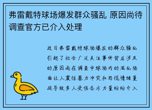 弗雷戴特球场爆发群众骚乱 原因尚待调查官方已介入处理