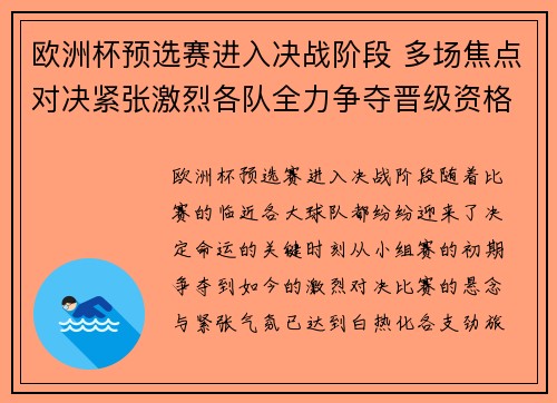 欧洲杯预选赛进入决战阶段 多场焦点对决紧张激烈各队全力争夺晋级资格