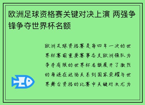 欧洲足球资格赛关键对决上演 两强争锋争夺世界杯名额