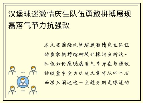 汉堡球迷激情庆生队伍勇敢拼搏展现磊落气节力抗强敌