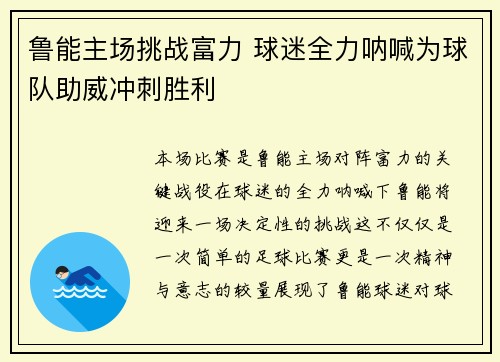 鲁能主场挑战富力 球迷全力呐喊为球队助威冲刺胜利
